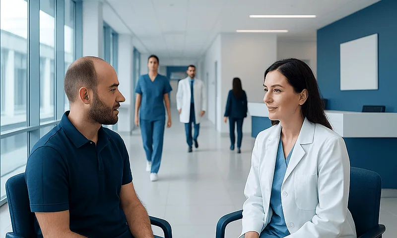 Patient consulting with doctor in modern hospital corridor.