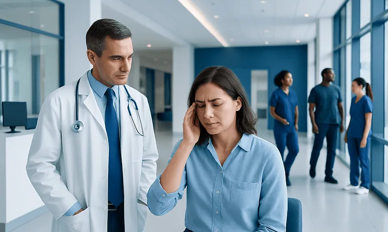 Patient experiencing headache with doctor in hospital corridor.