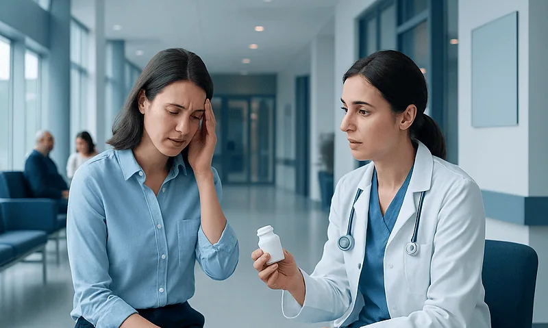 Doctor advising a woman with headache in a hospital corridor.
