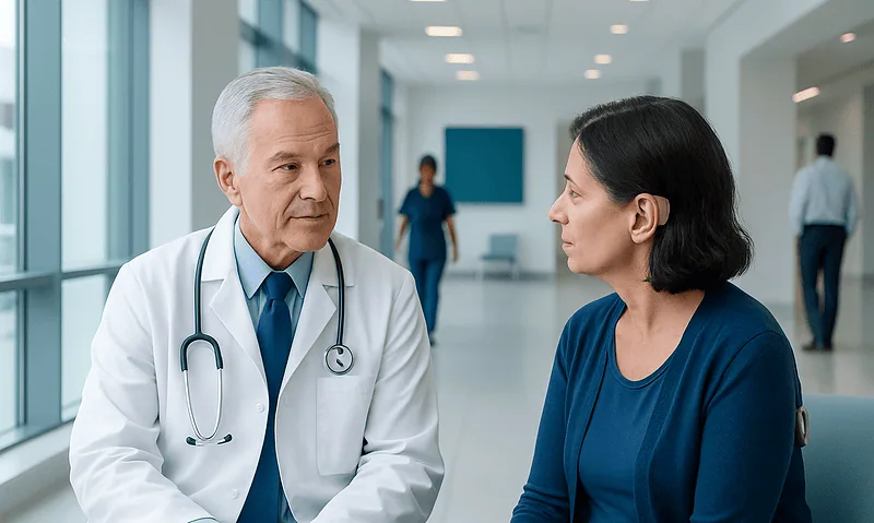 Doctor consulting with a female patient in a modern hospital corridor.
