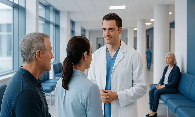 Doctor consulting with patients in a hospital waiting area.