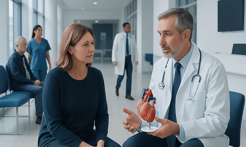 Cardiologist explaining heart health to a patient in a hospital corridor.