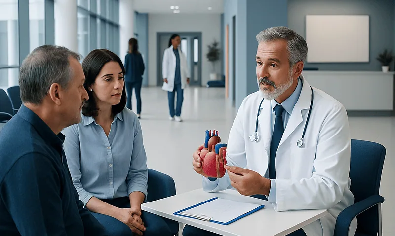 How Is Heart Failure Diagnosed? Tests, Imaging, and Blood Work Explained 12 Doctor explaining heart models to patients in a hospital corridor.