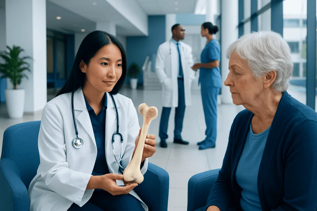 Osteoporosis and Endocrinology: When Hormones Affect Bone Loss 1 Doctor explains bone health to elderly woman in hospital setting.
