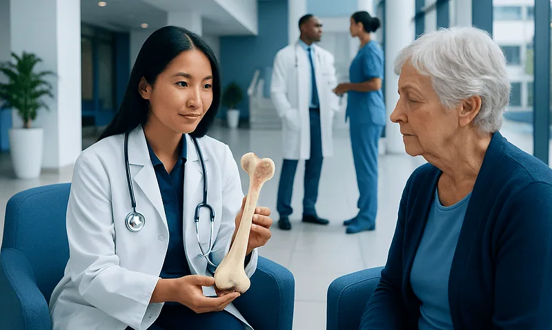 Osteoporosis and Endocrinology: When Hormones Affect Bone Loss 26 Doctor explains bone health to elderly woman in hospital setting.