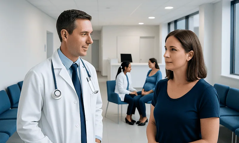 Doctor consulting a woman in a modern hospital waiting area.