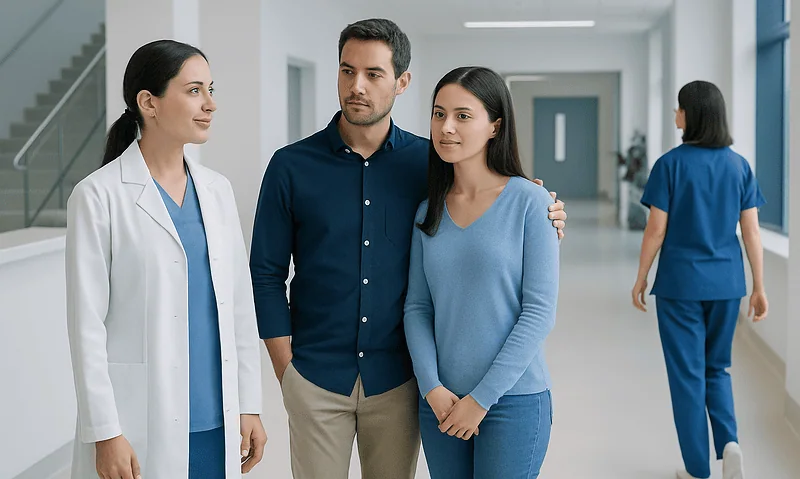 Couple consulting with a doctor at Acibadem Hospital for fertility treatment options.