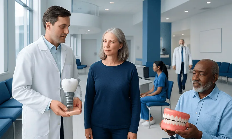 Dentist explaining dental implant options to a patient in a clinic.
