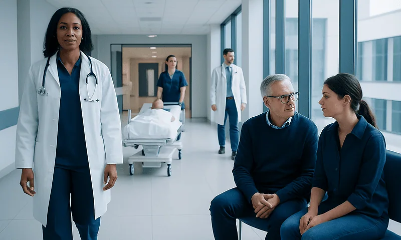 Healthcare professionals and patients in a hospital corridor.