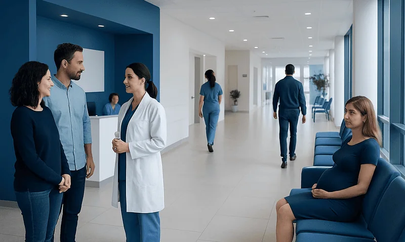 Pregnant woman waiting in hospital corridor with medical staff and visitors.