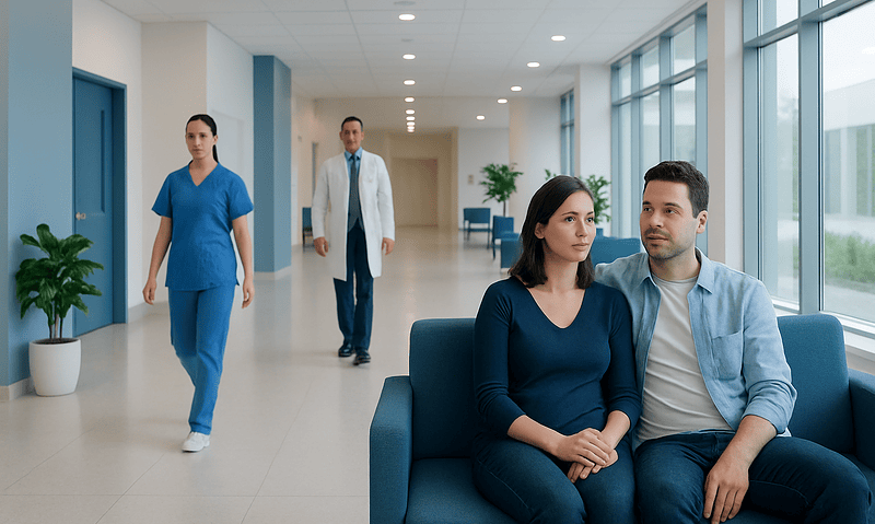 Patients waiting in a modern hospital corridor with medical staff nearby.