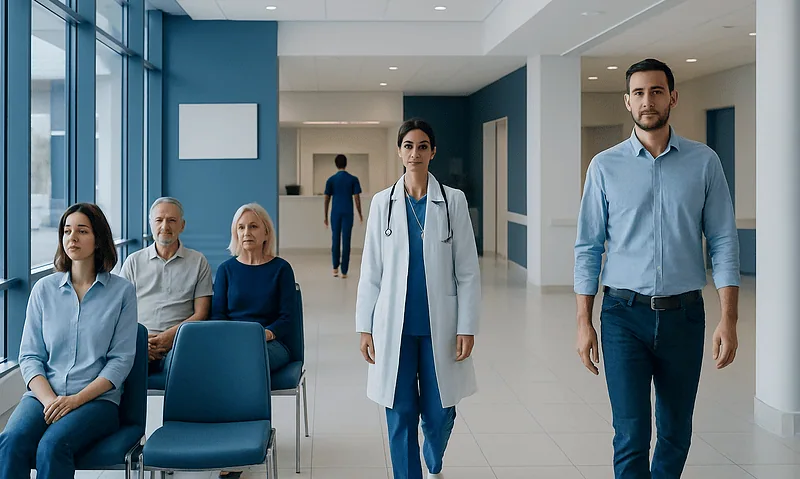 Medical professionals and patients in a modern hospital corridor.