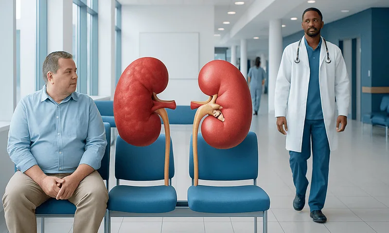 Doctor and patient with kidney models in hospital corridor.