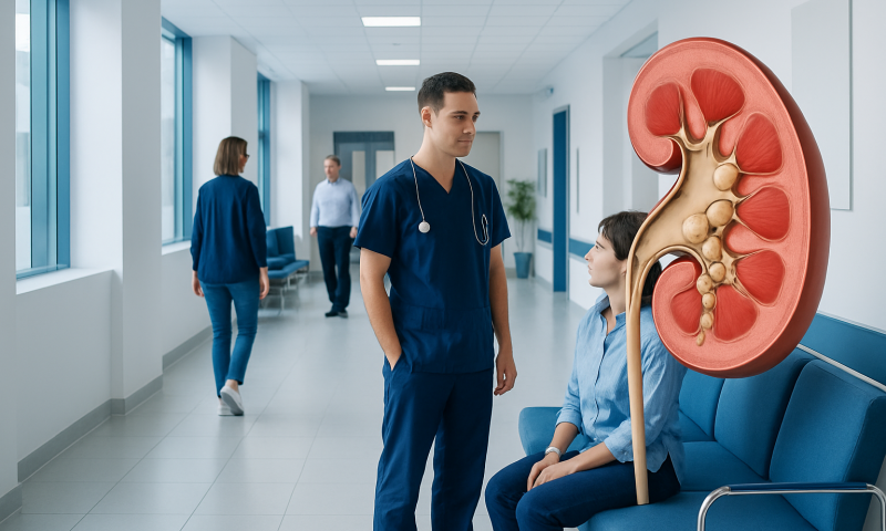 Medical consultation about kidney health in a hospital corridor.