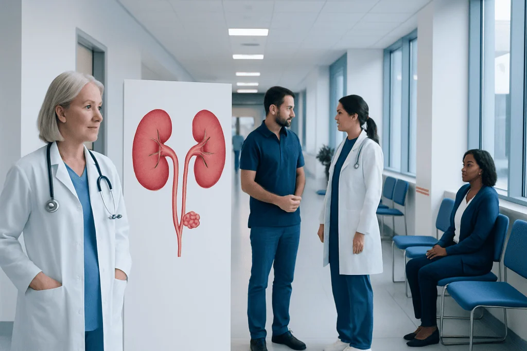 How Do You Get Kidney Stones? Common Triggers and Risk Factors 1 Medical professionals discussing kidney health in a hospital corridor.
