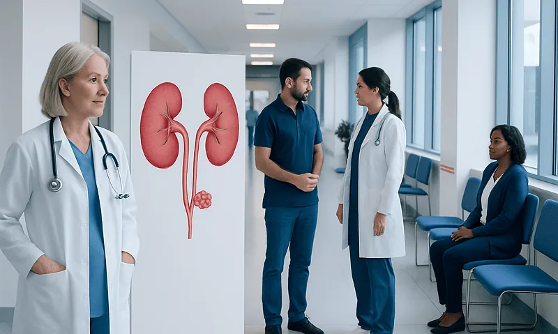 How Do You Get Kidney Stones? Common Triggers and Risk Factors 8 Medical professionals discussing kidney health in a hospital corridor.