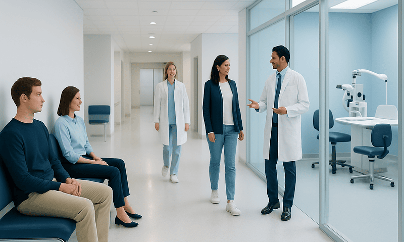 Medical consultation at Acibadem Hospital with doctor and patients.