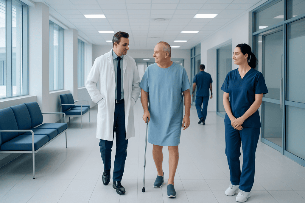Hip Operation: How Long Does It Take? 1 Patient walking with medical staff in hospital corridor.