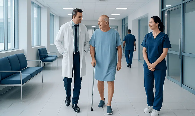 Patient walking with medical staff in hospital corridor.