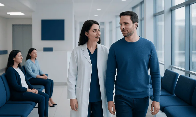 How Long Does LASIK Take? Procedure and Recovery Time 9 Healthcare professional talking to a patient in a modern clinic setting.