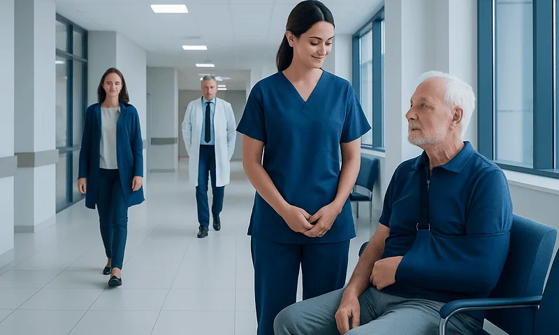 Healthcare professionals assisting a patient in a hospital corridor.