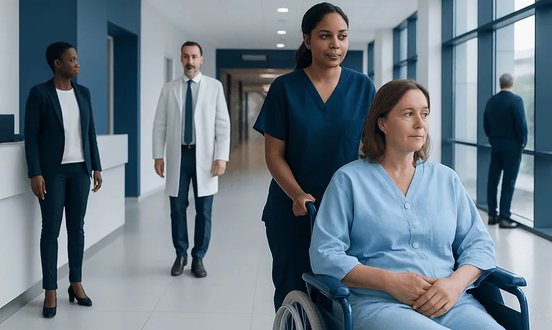 Hospital staff assisting a patient in a wheelchair in a modern corridor.