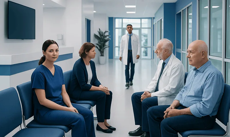 How Long Is an Oncology Appointment? What Patients Can Expect 11 Medical consultation in a hospital corridor with healthcare professionals and patients.