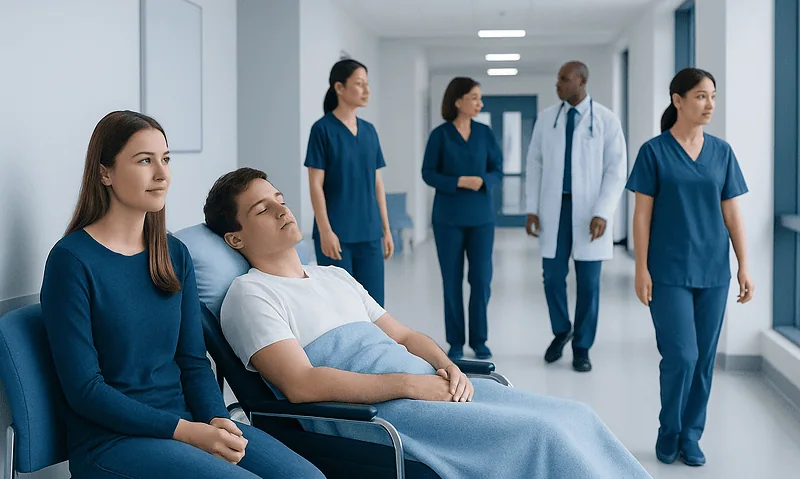 Patients in hospital corridor with medical staff, healthcare setting.
