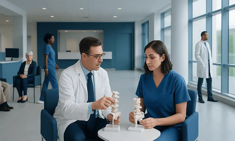 Doctors discussing lumbar spine models in a modern hospital setting.