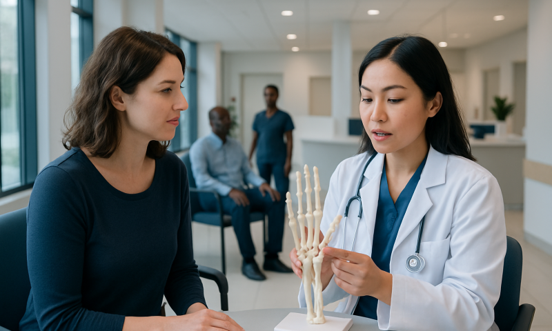 Doctor explaining wrist bones to a patient in a medical consultation.