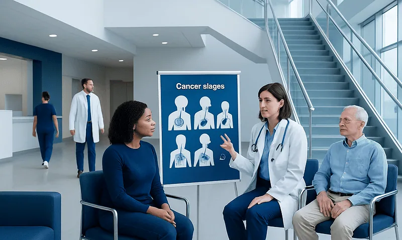 Medical professionals discussing cancer stages in a hospital setting.