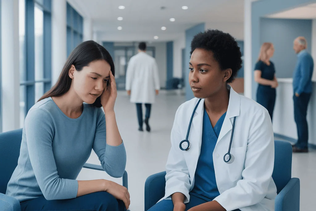 Best Migraine Medicine for Your Symptoms: Pain, Nausea, or Aura? 1 Patient experiencing headache consultation with doctor in hospital corridor.
