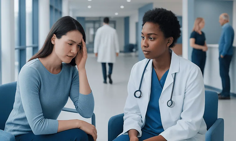 Patient experiencing headache consultation with doctor in hospital corridor.