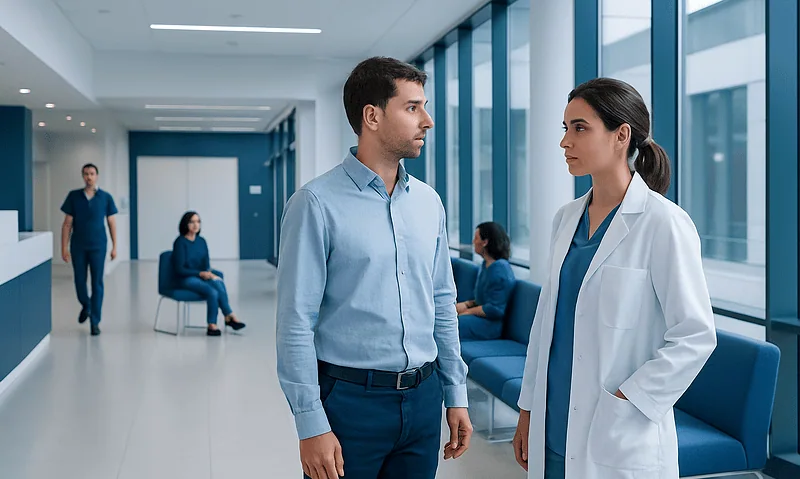 Patient consulting with a doctor in a modern hospital corridor.