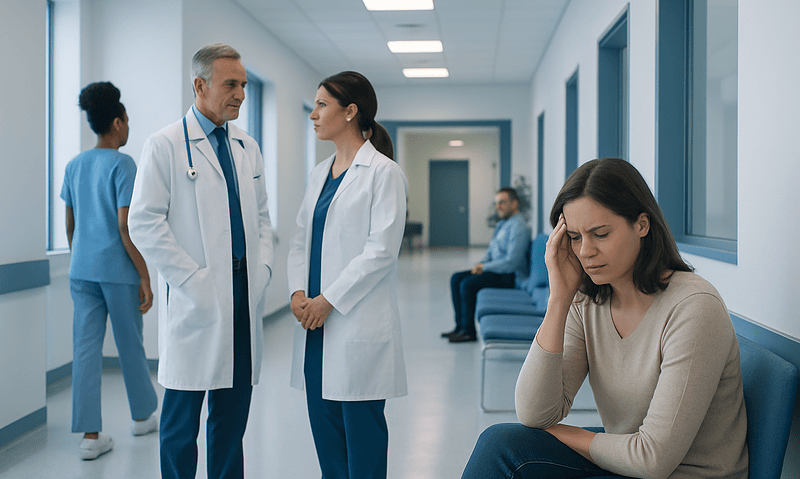 Patient with headache in hospital corridor with medical staff nearby.
