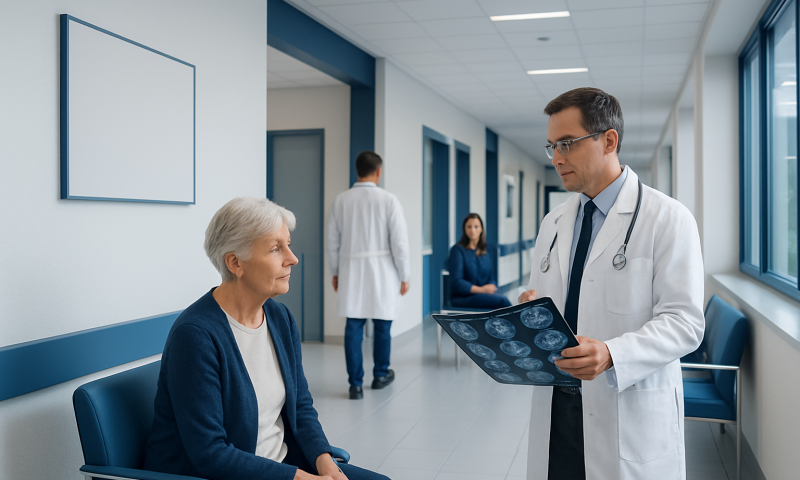 Doctor discussing brain scan results with elderly patient in hospital corridor.