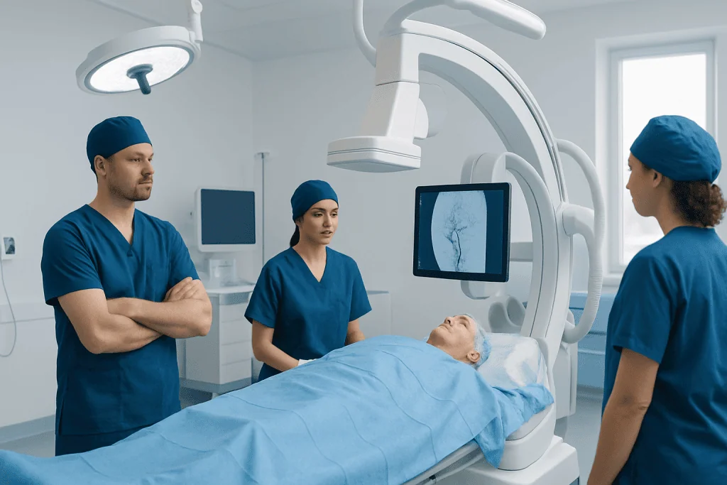 Neurointerventional Radiology for Acute Stroke: What Happens From ER to Clot Removal 1 Medical team preparing for neurointerventional procedure in hospital.