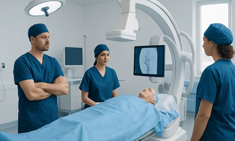 Medical team preparing for neurointerventional procedure in hospital.