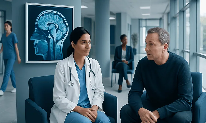 Doctor consulting with patient in neurology clinic at Acibadem Hospital.