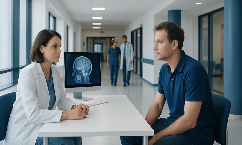 Doctor discussing neurological test results with patient in hospital corridor.
