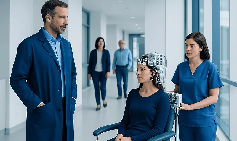 Doctor and nurse with patient undergoing neurological test in hospital corridor.