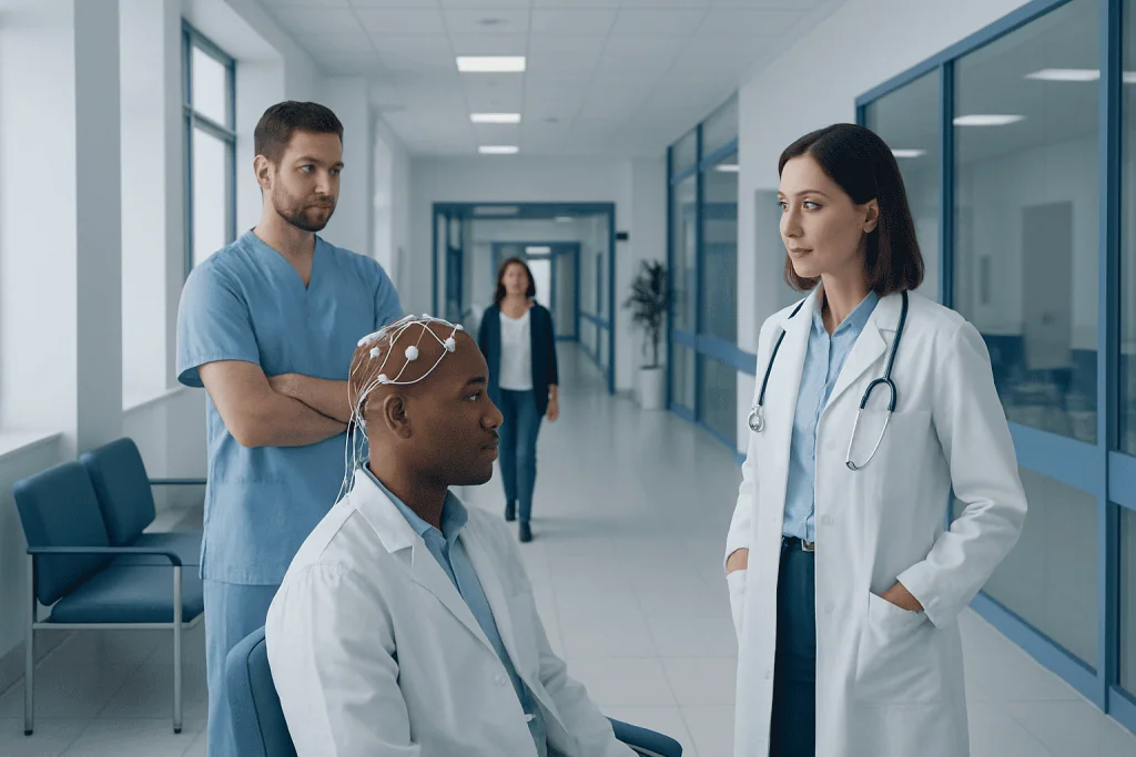 Neurophysiology vs Neurology: Which Specialist Handles Your Symptoms? 1 Medical professionals conducting a neurological examination in a hospital corridor.