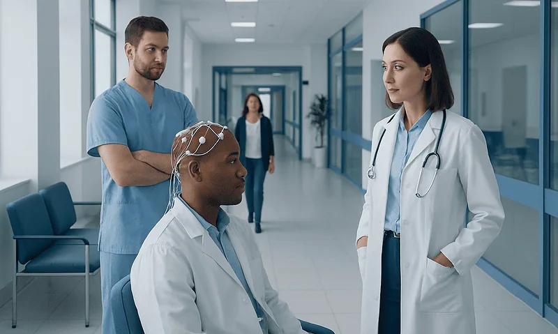 Medical professionals conducting a neurological examination in a hospital corridor.