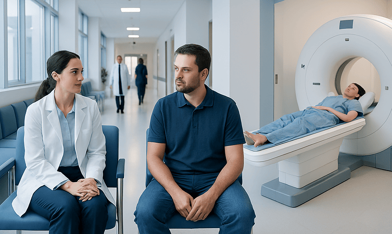 Patient undergoing MRI scan at Acibadem Hospital with medical staff present.