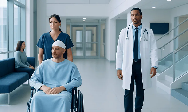 Hospital staff with patient in wheelchair in modern medical facility.
