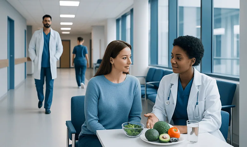 Doctor consulting with a patient in a hospital corridor with healthy foods on the table.