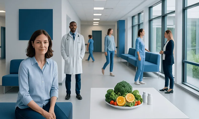 Healthcare professionals in a modern hospital corridor with fresh vegetables on a table.