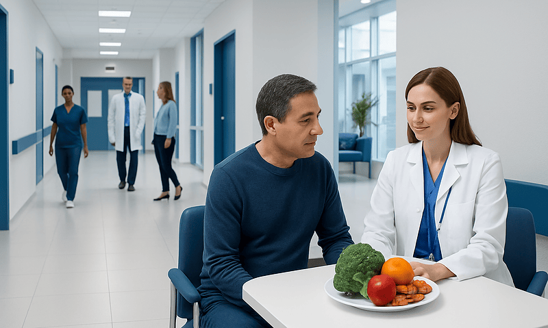 Doctor consulting patient with fresh vegetables in hospital corridor.