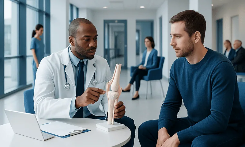 How Orthopedic Conditions Are Diagnosed: X-Ray, MRI, and Exam 10 Orthopedic consultation at Acibadem Hospital with doctor explaining knee joint.
