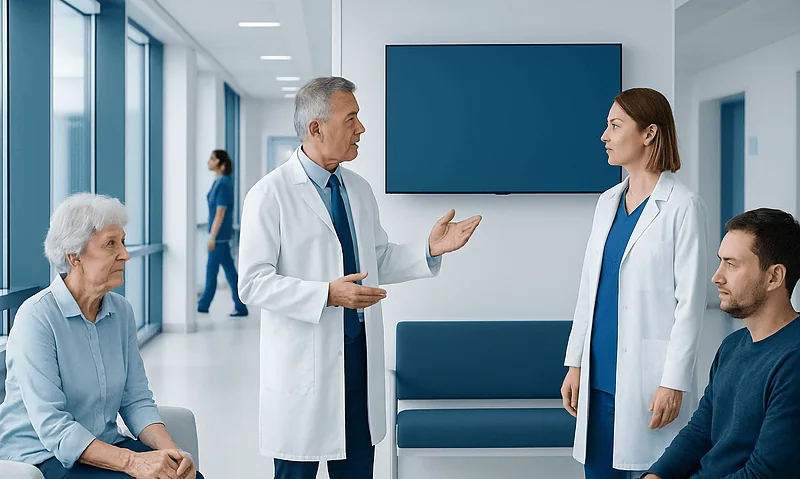 Osteoarthritis vs Rheumatoid Arthritis: How Joint Damage Differs 10 Doctor consulting with elderly patient and medical staff in hospital corridor.